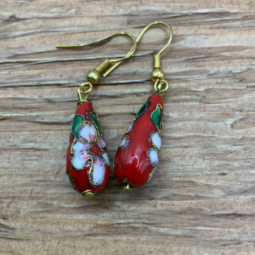 Cloisonne Vintage Red Teardrop Gold Tone Floral Dangling Earrings